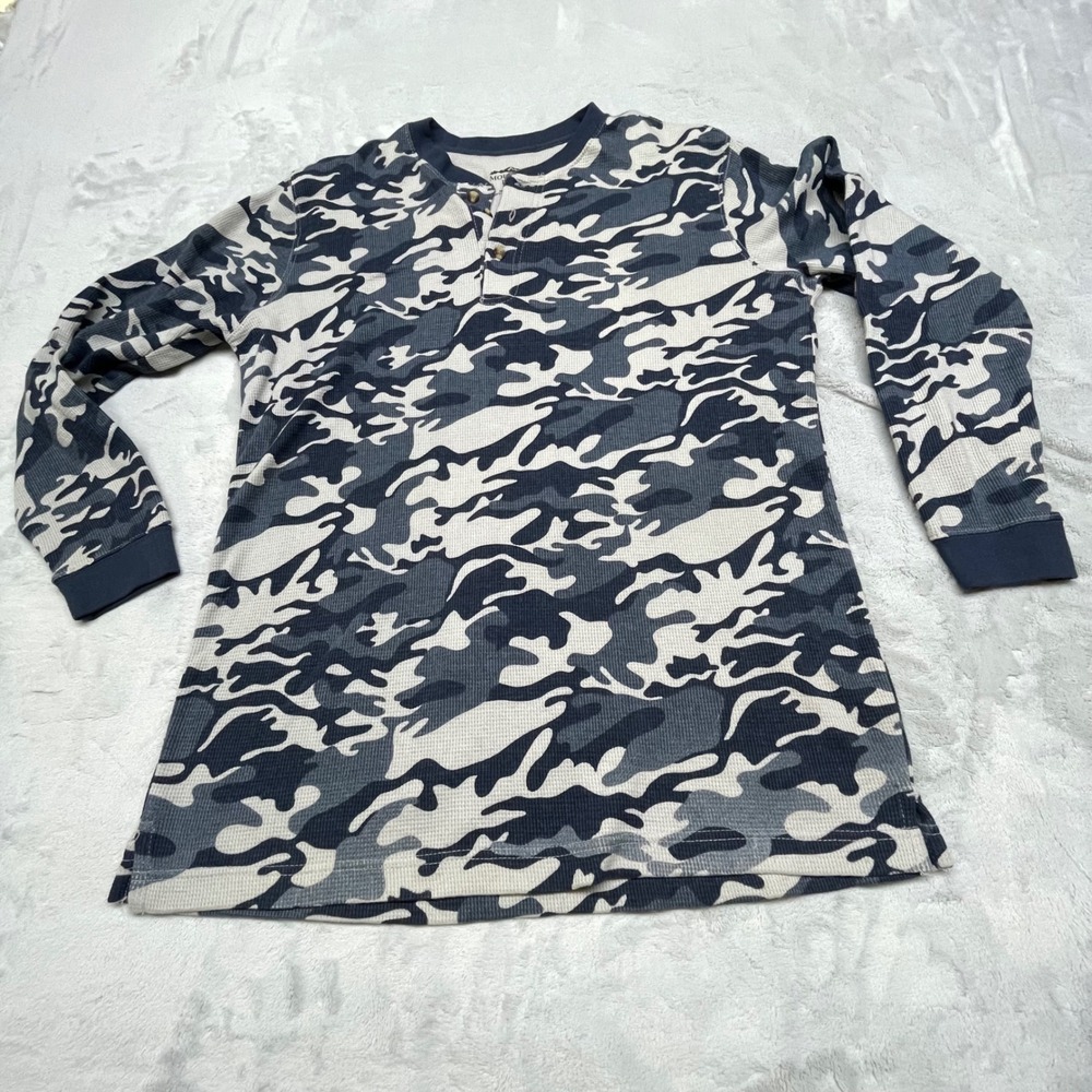 Mountain Lake Mens Henley Shirt L Blue Camo 100%‎ Cotton Waffle Knit Long Sleeve